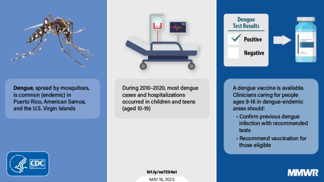 Epidemiologic Trends of Dengue in U.S. Territories, 2010–2020 The figure has three panels with pictures of a mosquito, hospital bed, and dengue positive test results and a medicine vial.