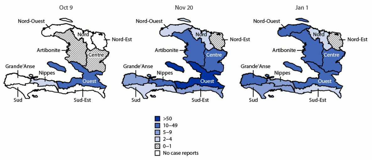 Cholera Outbreak — Haiti, September 2022–January 2023 The figure is a map showing the rolling 14-day cholera incidence by department in Haiti during October–December 2022.