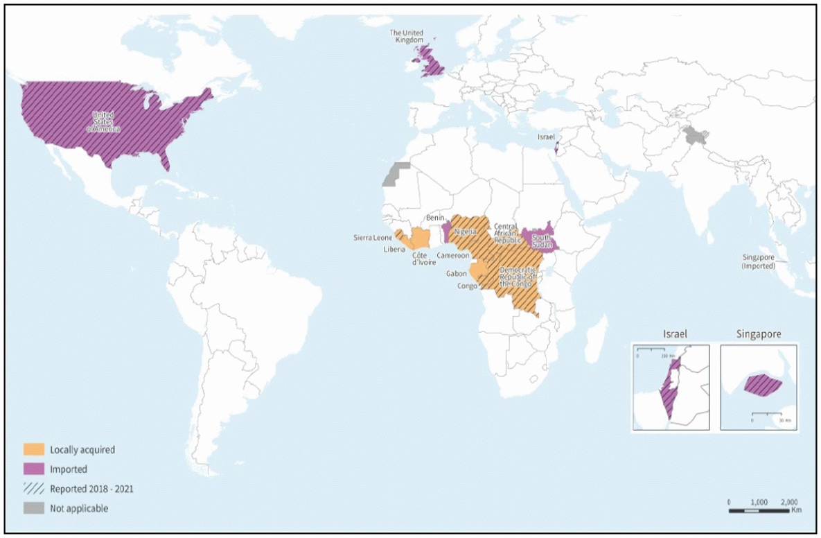 This figure is showing a map of reported confirmed human mpox cases worldwide during 1970–2021.
