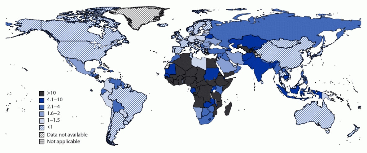The figure is a map showing the ratio of excess COVID-19 mortality estimates in relation to number of reported deaths worldwide.
