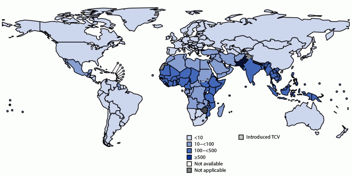 The figure is a map showing the estimated national typhoid fever incidence and typhoid conjugate vaccine introduction status of countries worldwide in 2019 and 2022.