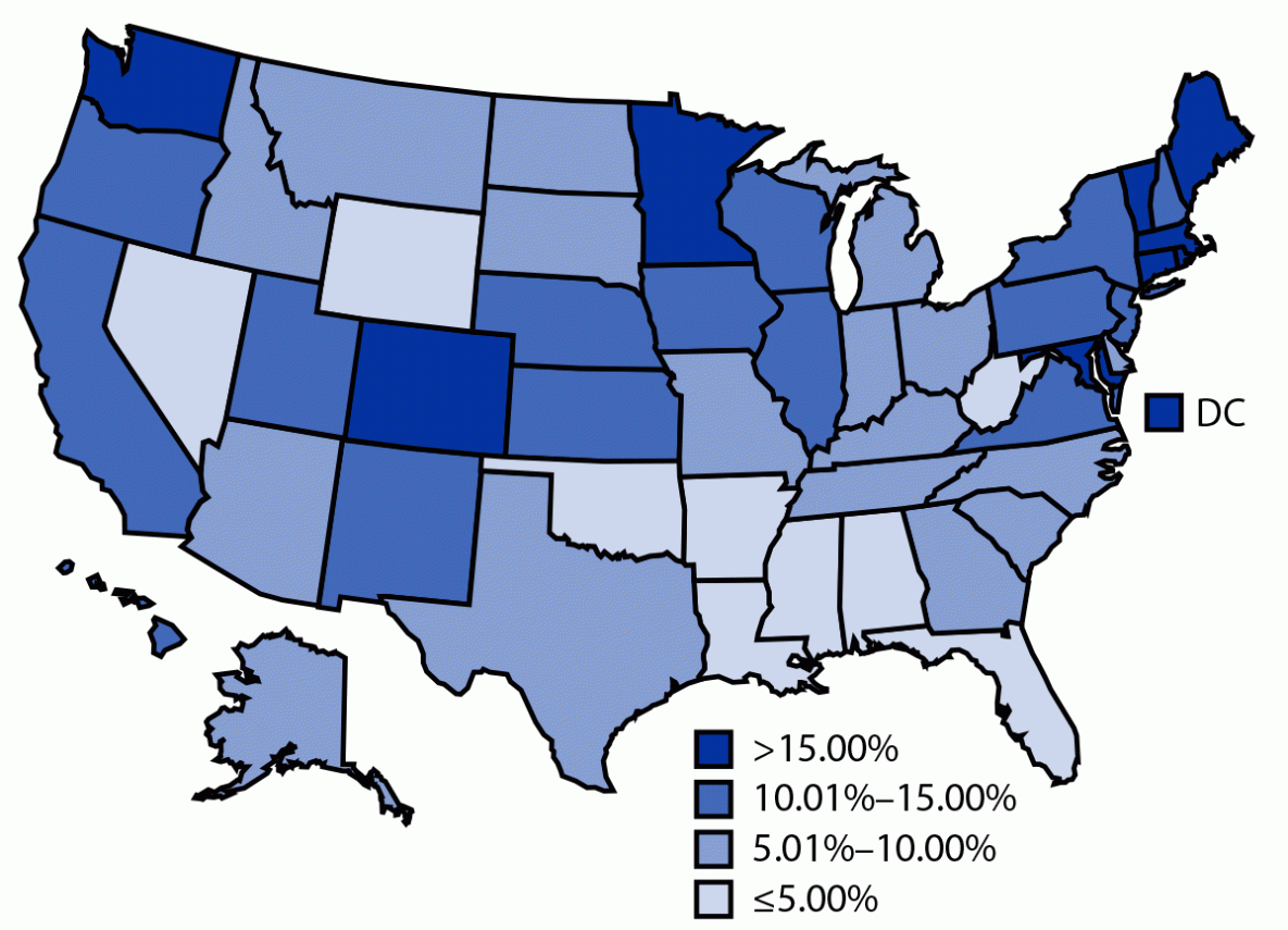 The figure is a map showing the percentage of children aged 6 months–4 years who received ≥1 dose of a COVID-19 vaccination series, by jurisdiction in the United States during June 20–December 31, 2022.