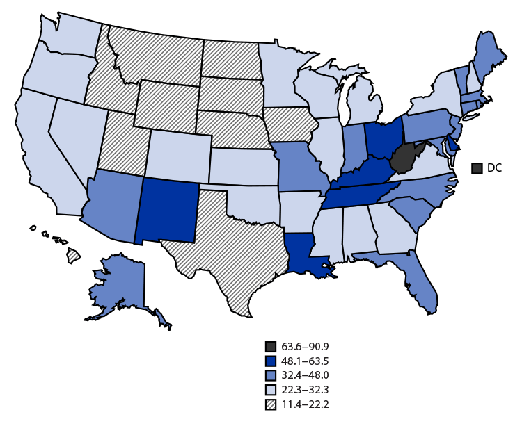 The figure is a map of the United States showing the age-adjusted drug overdose death rates, by state, in the United States during 2021 according to the National Health Statistics System.