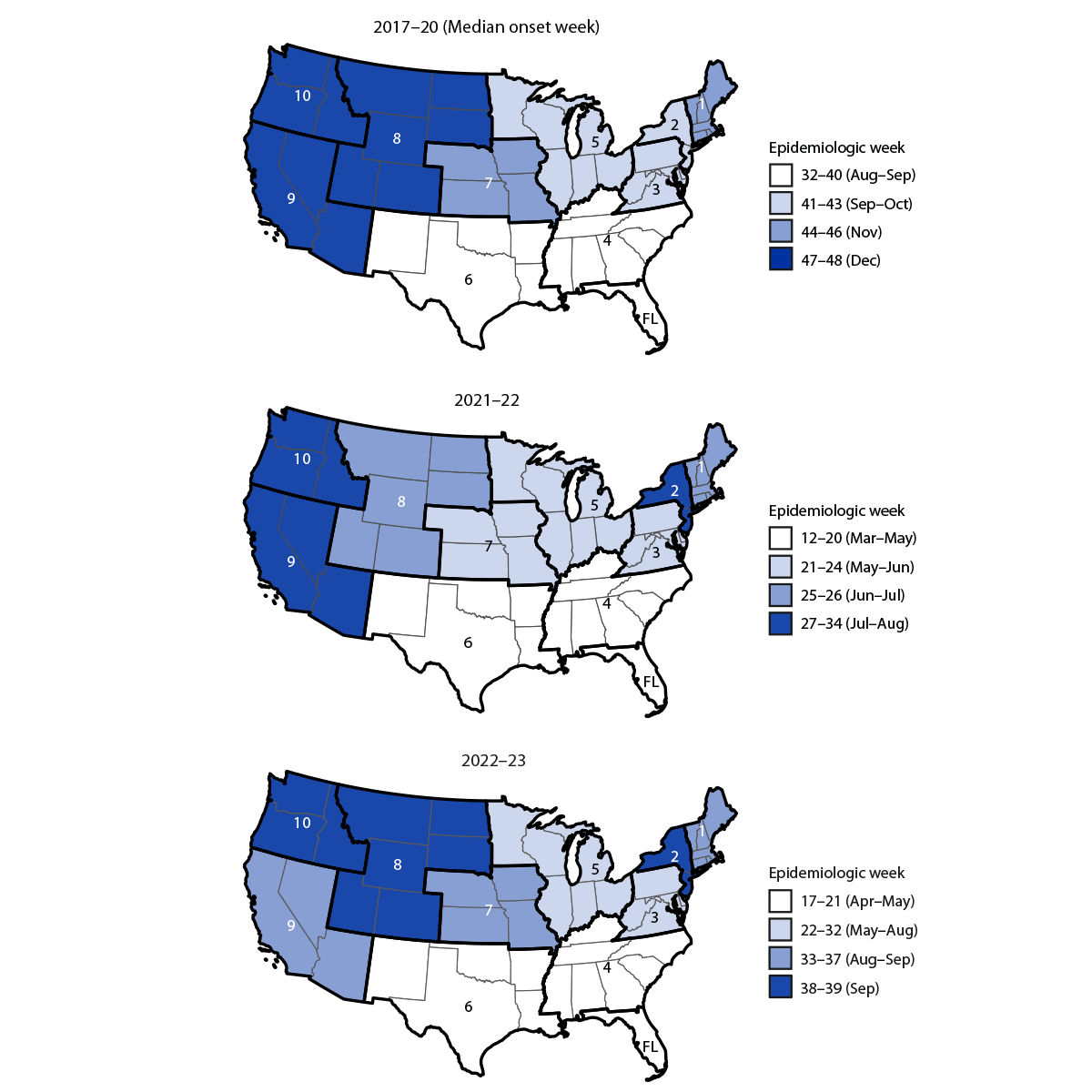 The figure is a set of three maps showing respiratory syncytial virus epidemic onsets, by U.S. Department of Health and Human Services Regions 1–10 and in Florida, in the United States, during July 2017–February 2023 according to the National Respiratory and Enteric Virus Surveillance System.