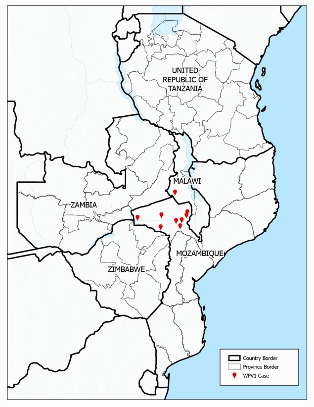 The figure is a map of the location of wild poliovirus type 1 cases during 2021–2022 and the five outbreak response countries in southeastern Africa.