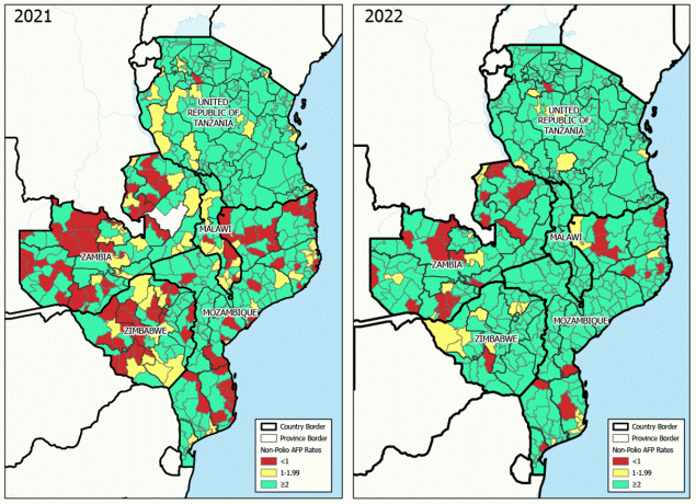 Update on Wild Poliovirus Type 1 Outbreak — Southeastern Africa, 2021–2022 The figure includes two maps showing nonpolio acute flaccid paralysis rates, by district, in five outbreak response countries in southeastern Africa during 2021 and 2022.
