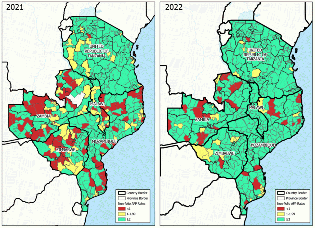 The figure includes two maps showing nonpolio acute flaccid paralysis rates, by district, in five outbreak response countries in southeastern Africa during 2021 and 2022.