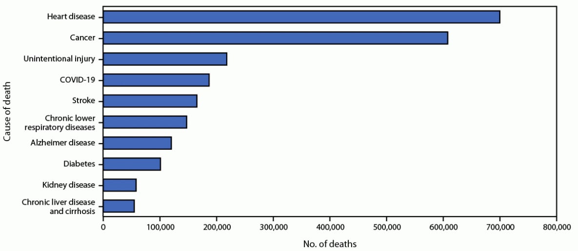 The figure consists of a bar graph of the provisional leading underlying causes of death in the United States during 2022, according to data from the National Vital Statistics System.