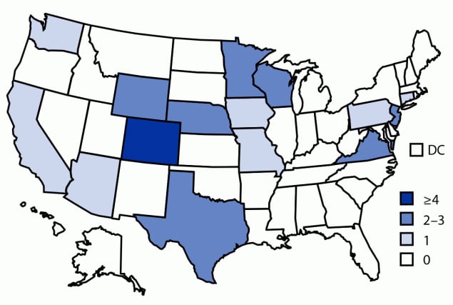 The figure is a map of the United States showing number of persons infected with the outbreak strain of Salmonella Thompson, by state of residence and number of cases per state (N = 115) during May–October, 2021.