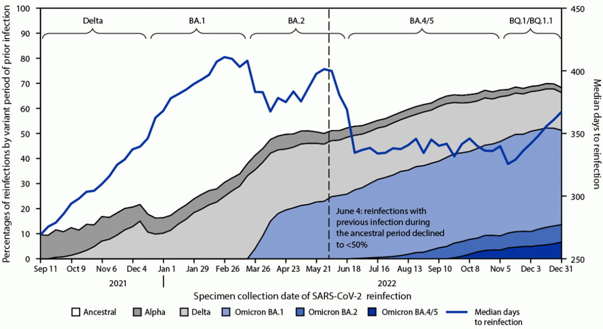 Trends in Laboratory-Confirmed SARS-CoV-2 Reinfections and Associated Hospitalizations and Deaths Among Adults Aged ≥18 Years — 18 U.S. Jurisdictions, September 2021–December 2022 The figure consists of a line graph of the median time between infections by week of reinfection positive specimen collection date, and area graphs of the proportions of reinfections by variant period of previous infection in 17 U.S. jurisdictions between September 5, 2021–December 31, 2022.