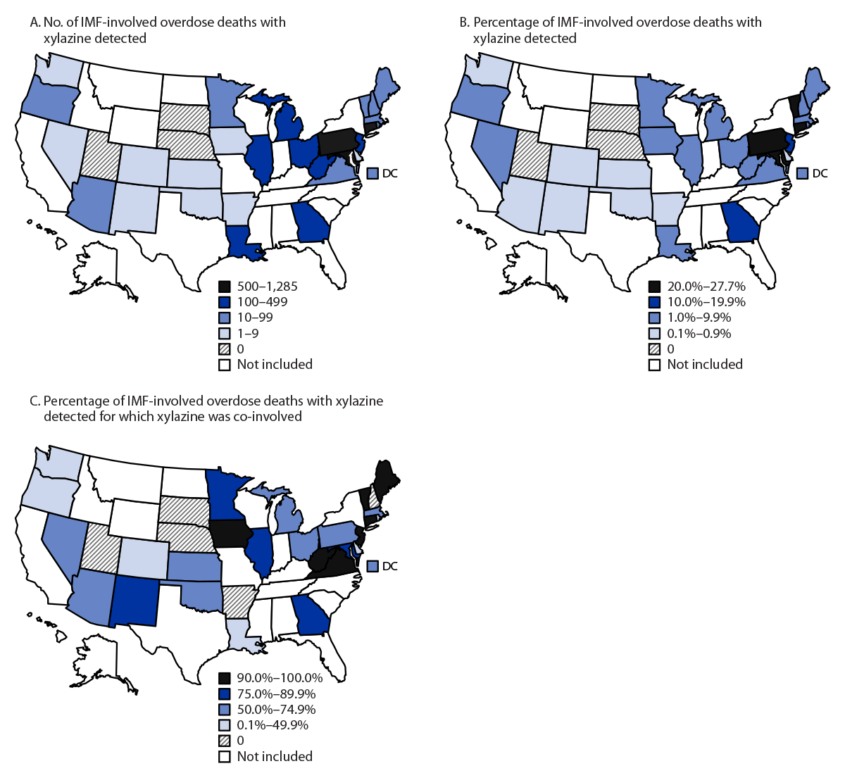 The figure is three U.S. maps indicating the number and percentage of drug overdose deaths involving illicitly manufactured fentanyls, by xylazine detection or co-involvement according to data from the State Unintentional Drug Overdose Reporting System in 31 states and District of Columbia during January 2021–June 2022.