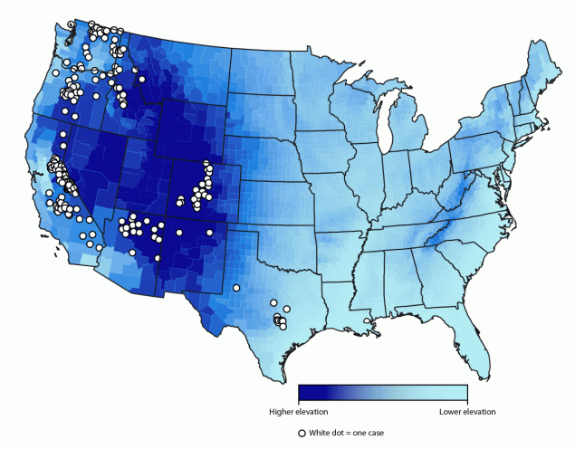 Soft Tick Relapsing Fever — United States, 2012–2021 The figure is a map of the United States showing cases of soft tick relapsing fever, by county of exposure, during 2012–2021.