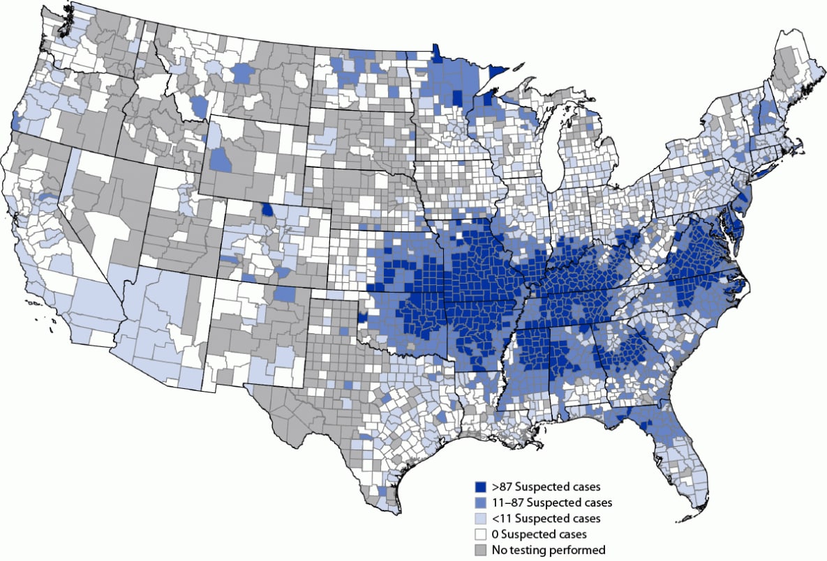 The figure is a map illustrating the geographic distribution of suspected alpha-gal syndrome cases per 1 million population per year in the United States during 2017–2022.