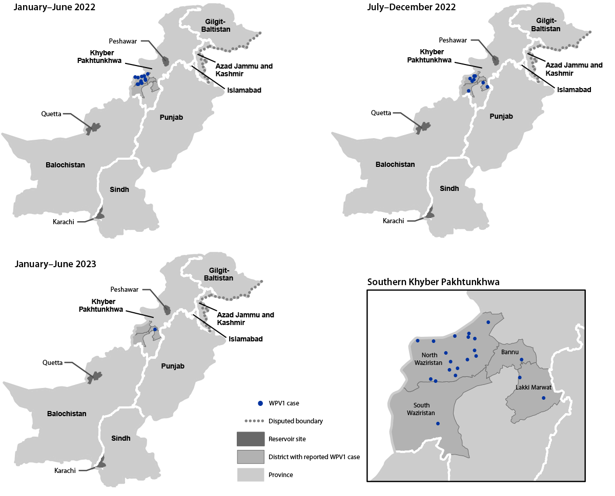 Progress Toward Poliomyelitis Eradication — Pakistan, January 2022–June 2023 The figure comprises three maps of Pakistan showing the location of cases of wild poliovirus type 1, by province and period, during January 2022–June 2023.