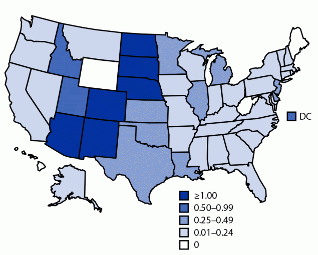 The figure is a map indicating the incidence of reported cases of West Nile virus neuroinvasive disease in the United States during 2021.