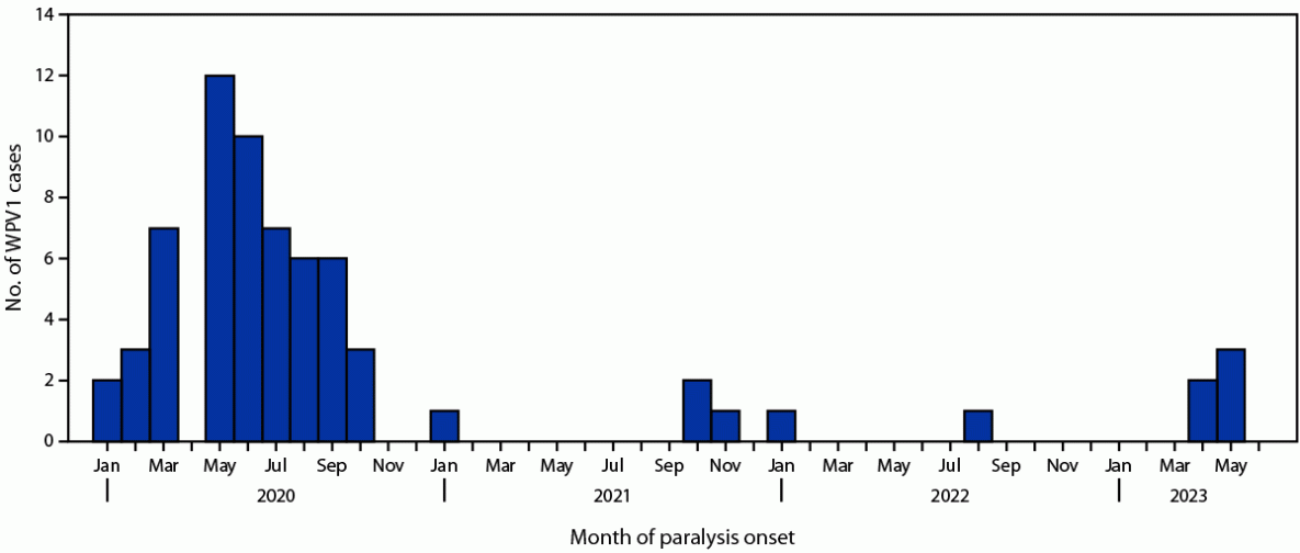 Progress Toward Poliomyelitis Eradication — Afghanistan, January 2022–June 2023 The figure is a histogram of the number of reported cases of polio caused by wild poliovirus type 1, by month of paralysis onset, in Afghanistan during January 2020–June 2023.