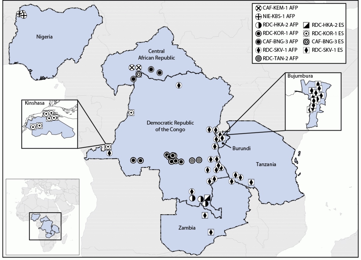 The figure is a map of six African countries indicating detections of circulating vaccine-derived poliovirus type 2 linked to novel oral poliovirus type 2 vaccine use, by emergence group during 2021–2023.