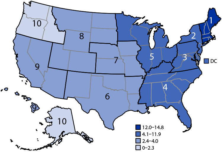 QuickStats: Age-Adjusted Drug Overdose Death Rates Involving Cocaine, by Region — National Vital Statistics System, United States, 2021 Figure is a U.S. map indicating the 2021 age-adjusted drug overdose death rates involving cocaine, by region, based on data from the National Vital Statistics System.