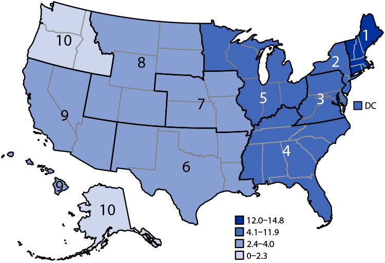Figure is a U.S. map indicating the 2021 age-adjusted drug overdose death rates involving cocaine, by region, based on data from the National Vital Statistics System.