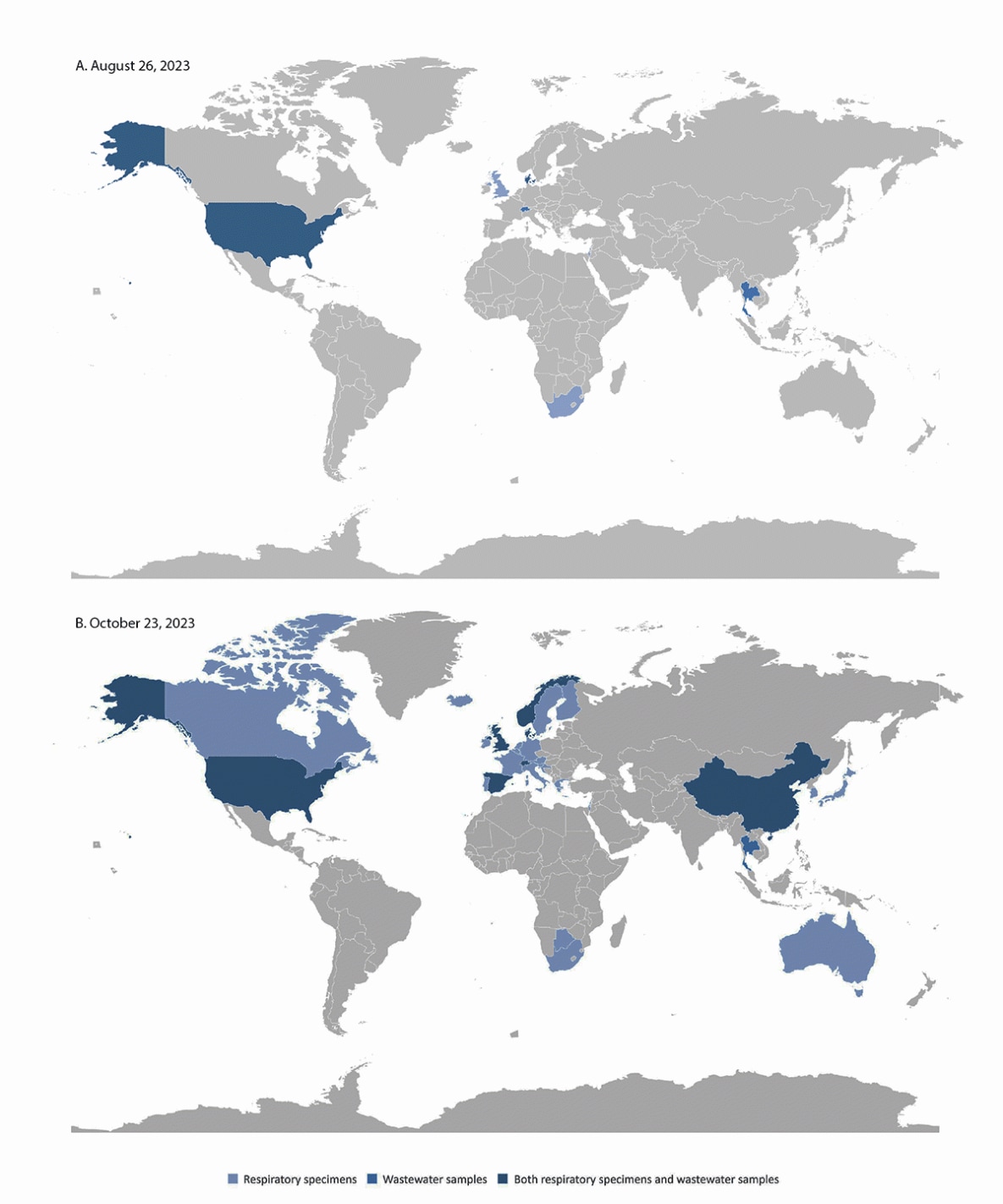 The figure is a map illustrating the geographic spread of SARS-CoV-2 BA.2.86 variant detection in respiratory and wastewater samples, by country, during August 26 and October 5, 2023.
