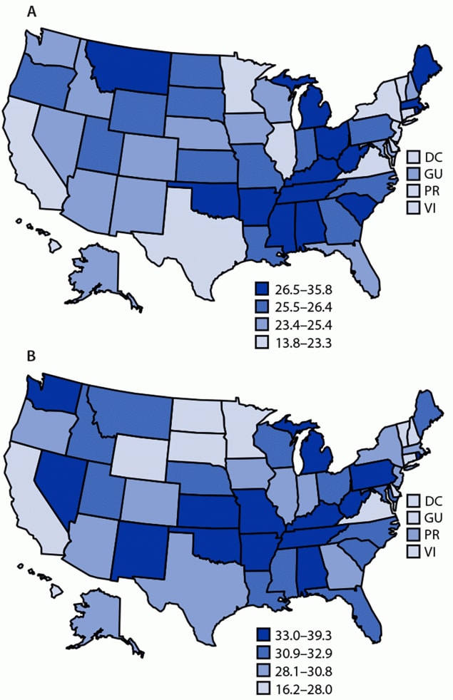 The figure is two U.S. maps that show state-specific, age-standardized estimated arthritis prevalence (quartiles) among male veterans and female veterans, according to data from the Behavioral Risk Factor Surveillance System during 2017–2021.