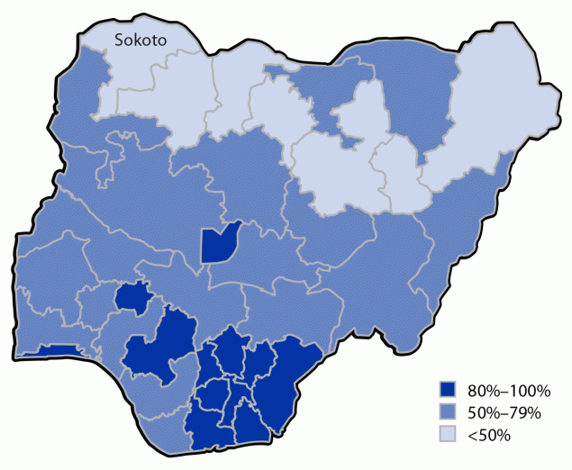 The figure is a map of Nigeria, indicating inactivated poliovirus vaccine 1-dose coverage, by state, according to the National Immunization Coverage Survey and Multiple Indicator Cluster Survey in 2021.