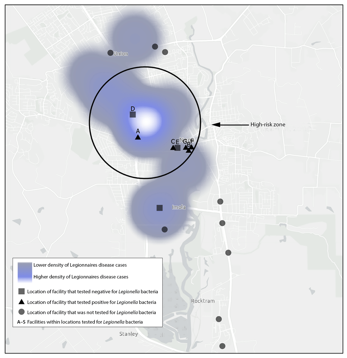 Large Community Outbreak of Legionnaires Disease Potentially Associated with a Cooling Tower — Napa County, California, 2022 The figure is a point density heat map showing the residences of patients with Legionnaires disease in Napa County, California in 2022.