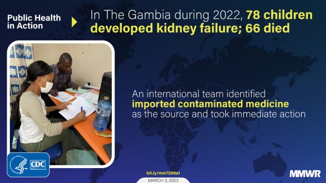 The figure is a photo of two people looking at paperwork overlaid on an illustration of a map. The text reads, “Public Health in Action: In The Gambia during 2022, 78 children developed kidney failure; 66 died. An international team identified imported contaminated medicine as the source and took immediate action.”