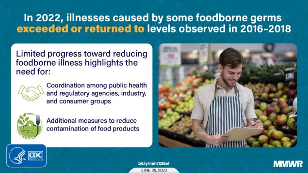 The figure is a photo of a worker in a produce section with information about foodborne illnesses.