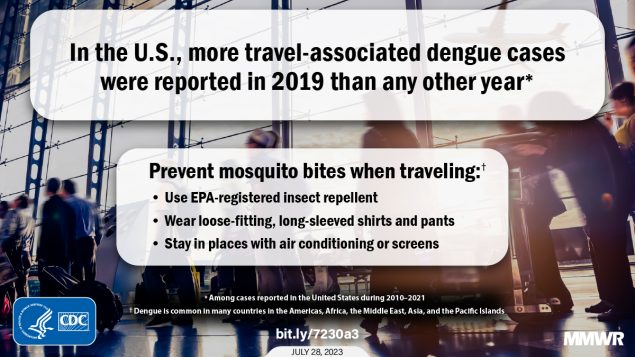 The figure is a photo of travelers with text overlay about dengue cases in the United States and how to prevent mosquito bites when traveling.