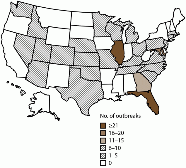 Surveillance of Waterborne Disease Outbreaks Associated with Drinking Water — United States, 2015–2020 Figure is a map illustrating the number of reported drinking water-associated outbreaks, by state of exposure, in the United States during 2015–2020. The data is from the National Outbreak Reporting System.