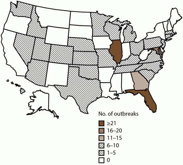 Figure is a map illustrating the number of reported drinking water-associated outbreaks, by state of exposure, in the United States during 2015–2020. The data is from the National Outbreak Reporting System.