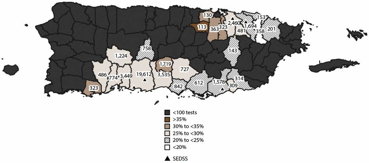 The figure is a map of Puerto Rico that illustrates the number and proportion of acute febrile illness cases with participants testing positive for any acute respiratory virus during 2012–2022, by municipality. The data are from the Sentinel Enhanced Dengue Surveillance System.