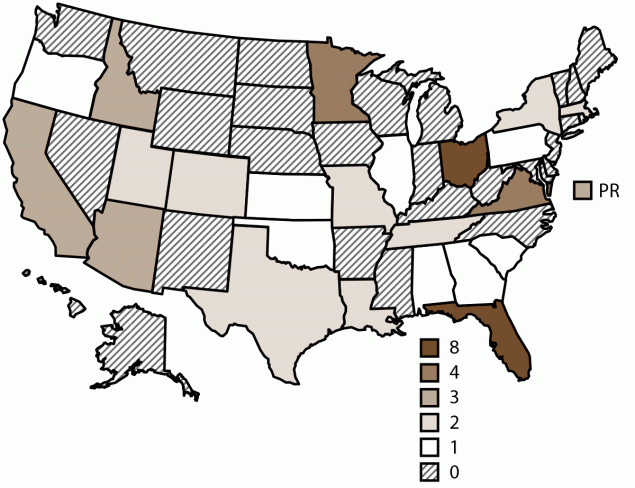 Waterborne Disease Outbreaks Associated with Splash Pads — United States, 1997–2022 The figure is a U.S. map of waterborne disease outbreaks associated with splash pads, by jurisdiction, according to data from the Waterborne Disease and Outbreak Surveillance System during 1997–2022.