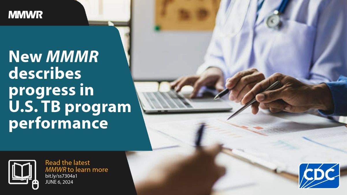The graphic shows clinicians on a laptop and looking at data with text that reads, “New MMWR describes progress in U.S. TB program performance.”
