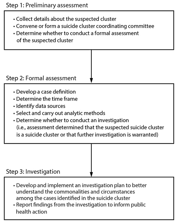 Figure 2 is a flowchart that illustrates the steps for assessing and investigating a suspected suicide cluster in the United States.