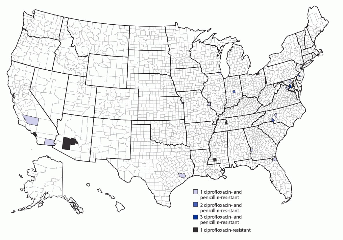 The figure is a map of invasive meningococcal disease cases caused by ciprofloxacin-resistant or ciprofloxacin- and penicillin-resistant Neisseria meningitidis strains, by county in the United States during 2019–2021.