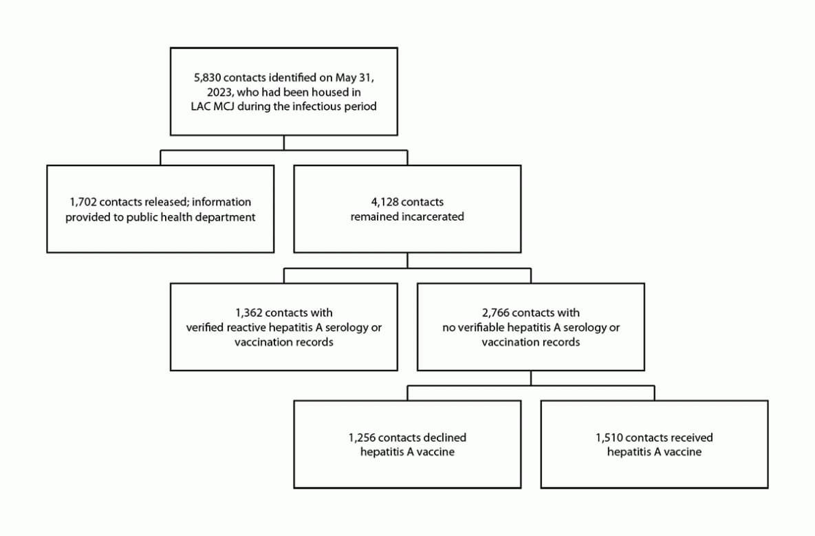 The figure is a flowchart illustrating the identification of contacts at Los Angeles County Men’s Central Jail who were eligible to receive postexposure prophylaxis hepatitis A vaccine in Los Angeles County, California, during May–July 2023.