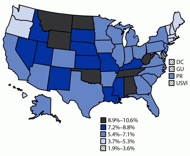 The figure is a map illustrating the prevalence of reported experience of Long COVID during 2022 among adults aged ≥18 years in the 50 U.S. states, the District of Columbia, Guam, Puerto Rico, and the U.S. Virgin Islands, based on data from the Behavioral Risk Factor Surveillance System.