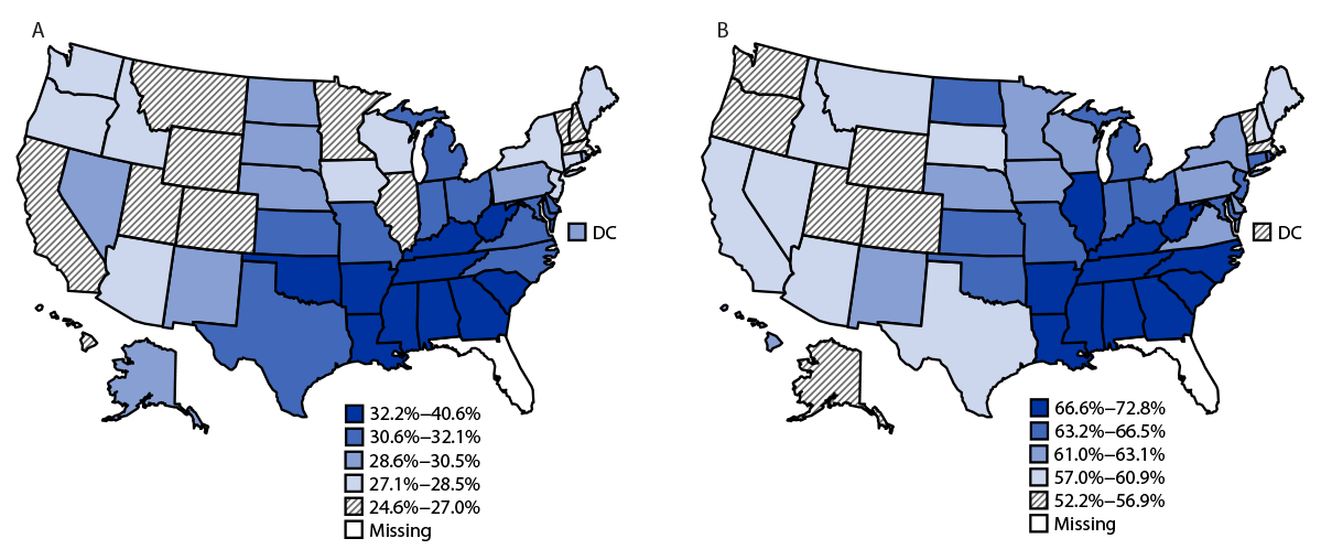 The figure is a map of the United States illustrating the age-standardized prevalence of self-reported diagnosed hypertension among adults and the use of antihypertensive medication among adults with hypertension, by state and the District of Columbia, during 2021, according to the Behavioral Risk Factor Surveillance System.