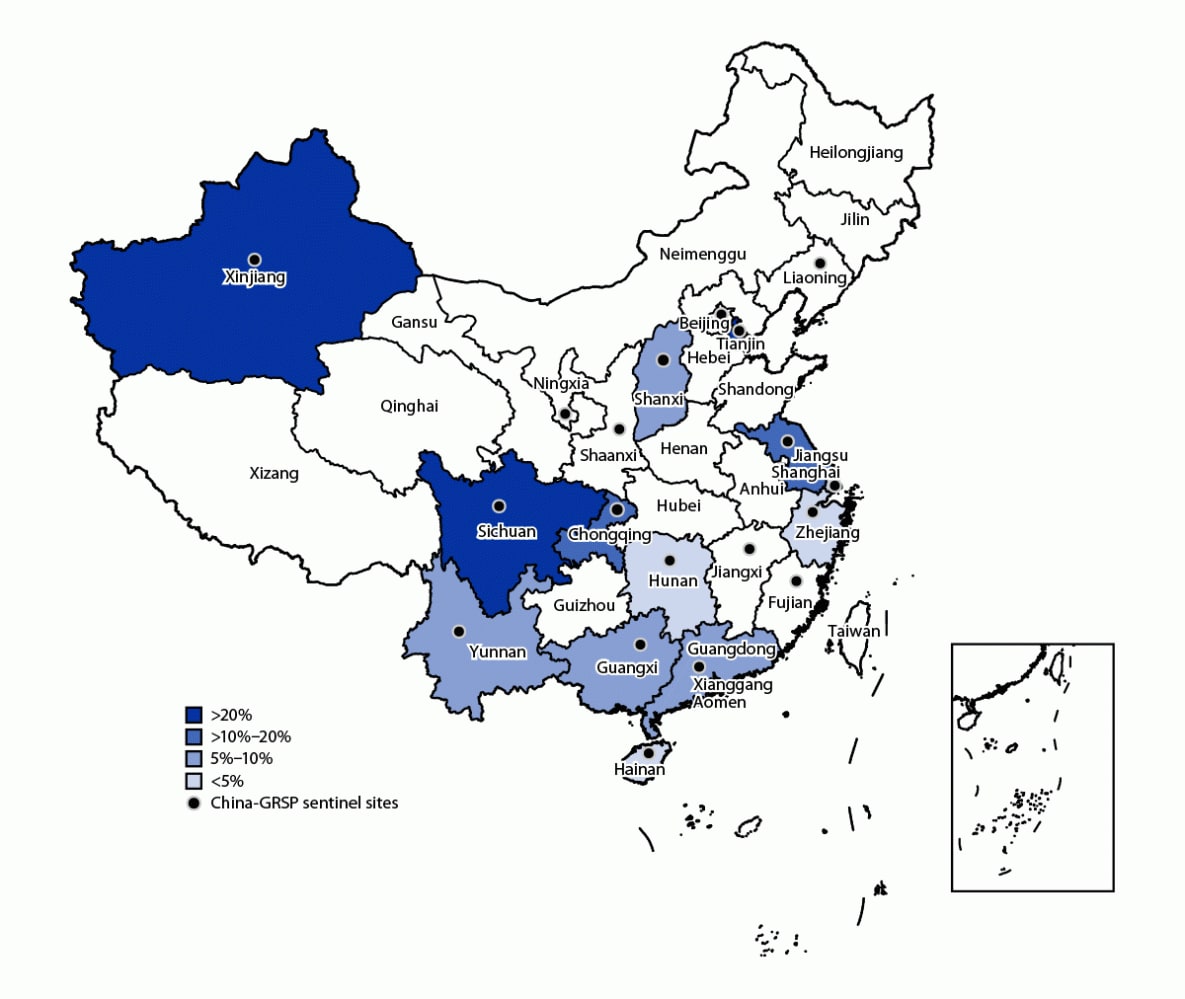 The figure is a map of China showing the reported rates of ceftriaxone resistance from 13 Gonococcal Resistance Surveillance Program sentinel sites in 2022.