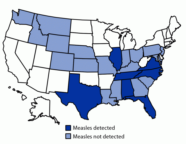 The figure is a map that shows syndromic polymerase chain reaction panel use and measles detections (N = 17), by state, in the United States during May 2022–April 2023.