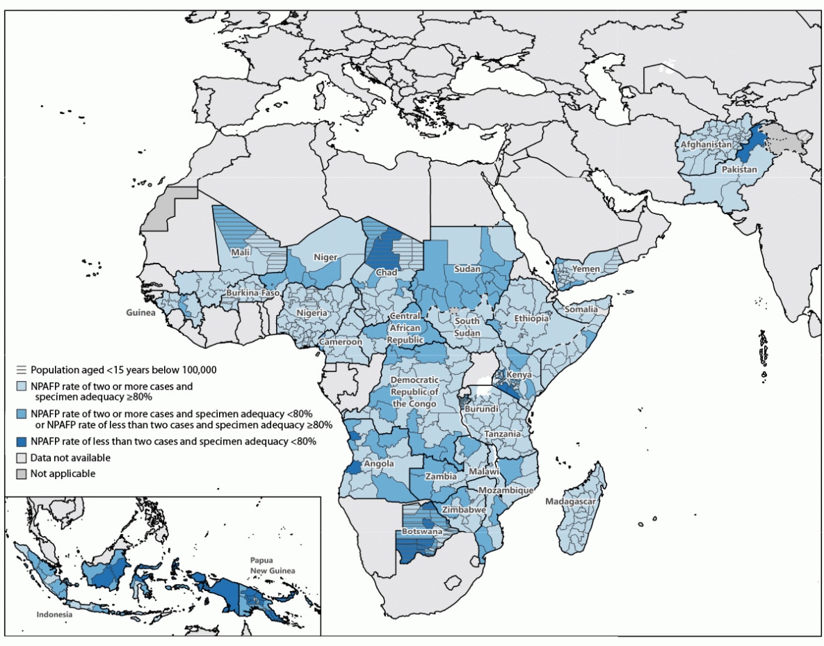The figure is a map of the African, Eastern Mediterranean, South-East Asia, and Western Pacific World Health Organization regions showing the combined performance indicators for the quality of acute flaccid paralysis surveillance in subnational areas of 28 priority countries.