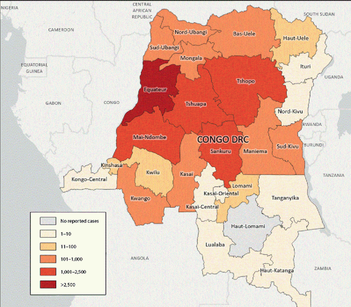 The figure is a map of the Democratic Republic of the Congo illustrating the number of suspected clade I mpox cases, by province, during January 1, 2023–April 14, 2024.