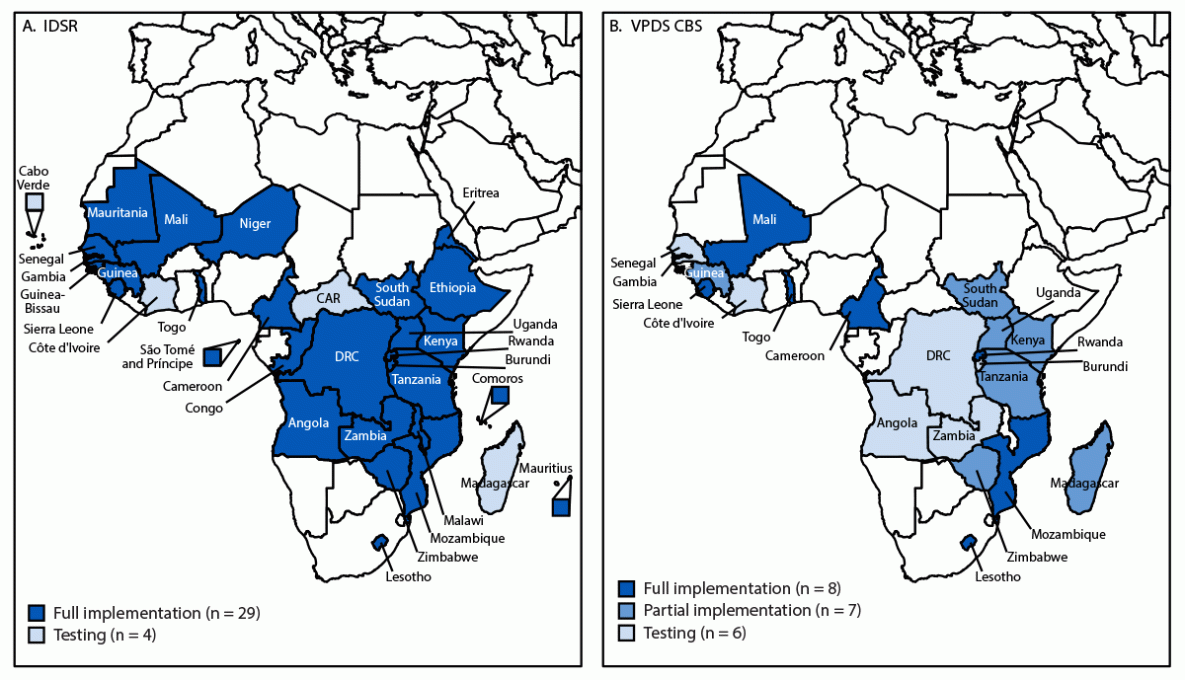 Migration from Epi Info to District Health Information Software 2 for Vaccine-Preventable Disease Surveillance — World Health Organization African Region, 2019–2023 The figure comprises two maps of the World Health Organization African Region, one indicating the status of Integrated Disease Surveillance and Response, and the other indicating the status of vaccine-preventable disease case-based surveillance District Health Information Software 2 implementation, by country during 2019–2023.