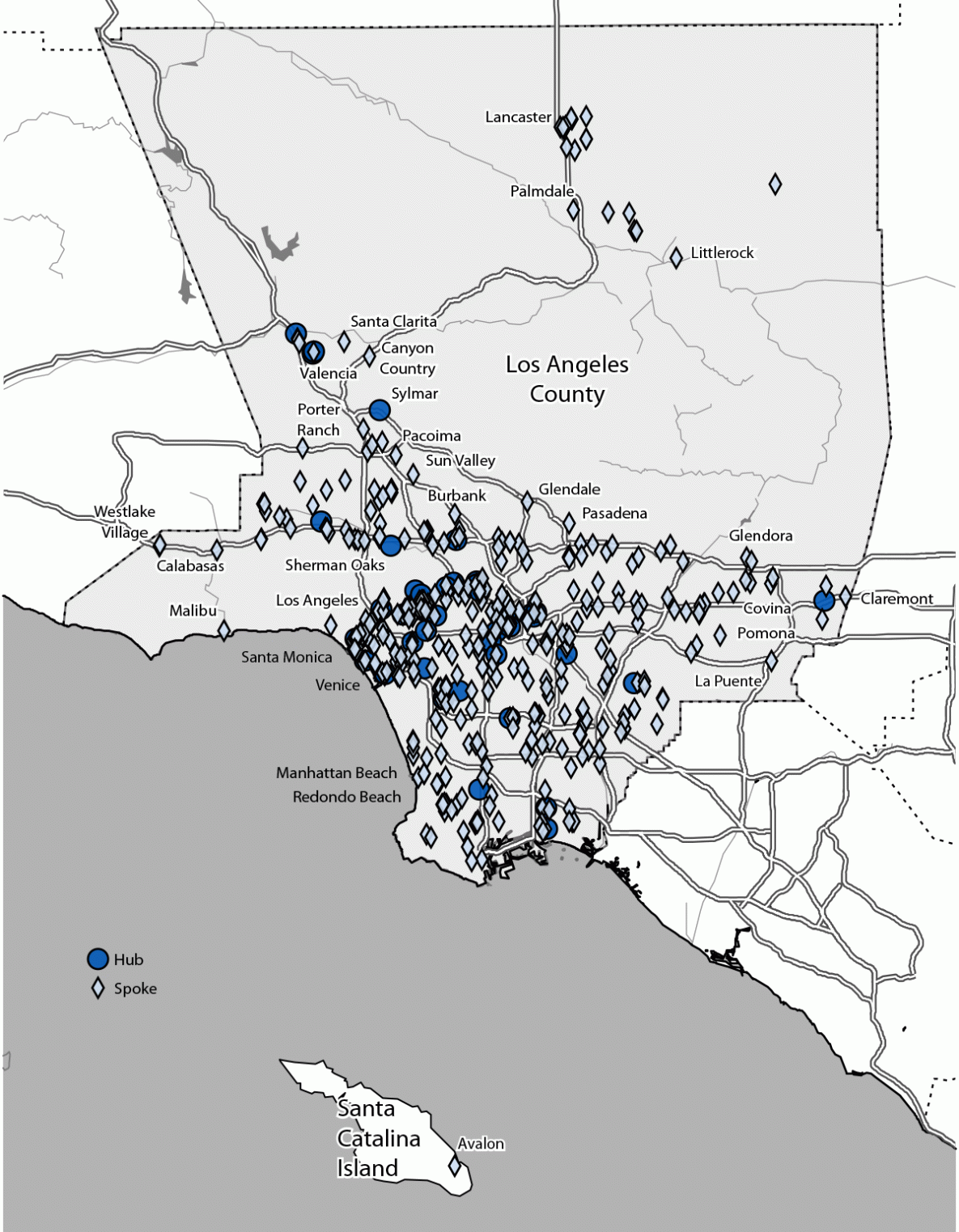 Successful Distribution of Tecovirimat During the Peak of the Mpox Outbreak — Los Angeles County, June 2022–January 2023 The figure is a map illustrating tecovirimat hub and spoke provider sites in Los Angeles County, California, during June 2022–January 2023.
