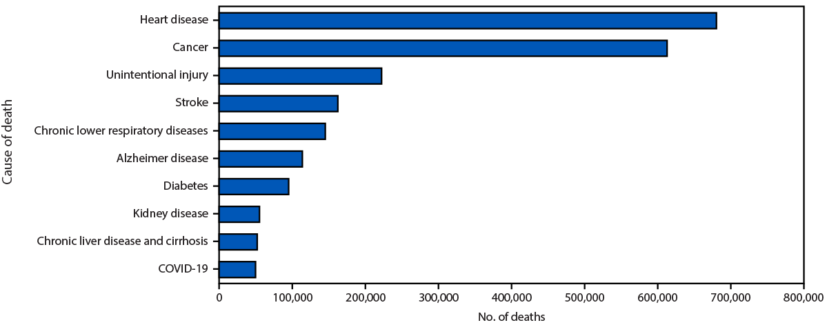 Mortality in the United States — Provisional Data, 2023 The figure is a bar chart showing the leading underlying causes of death in the United States during 2023 according to the National Vital Statistics System.