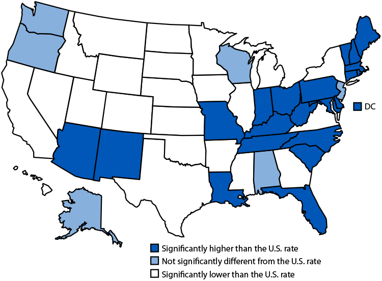 Quickstats: Age-Adjusted Drug Overdose Death Rates, by State — United States, 2022 The figure is a map of the United States showing the age-adjusted drug overdose death rates, by state, during 2022 according to the National Center for Health Statistics.