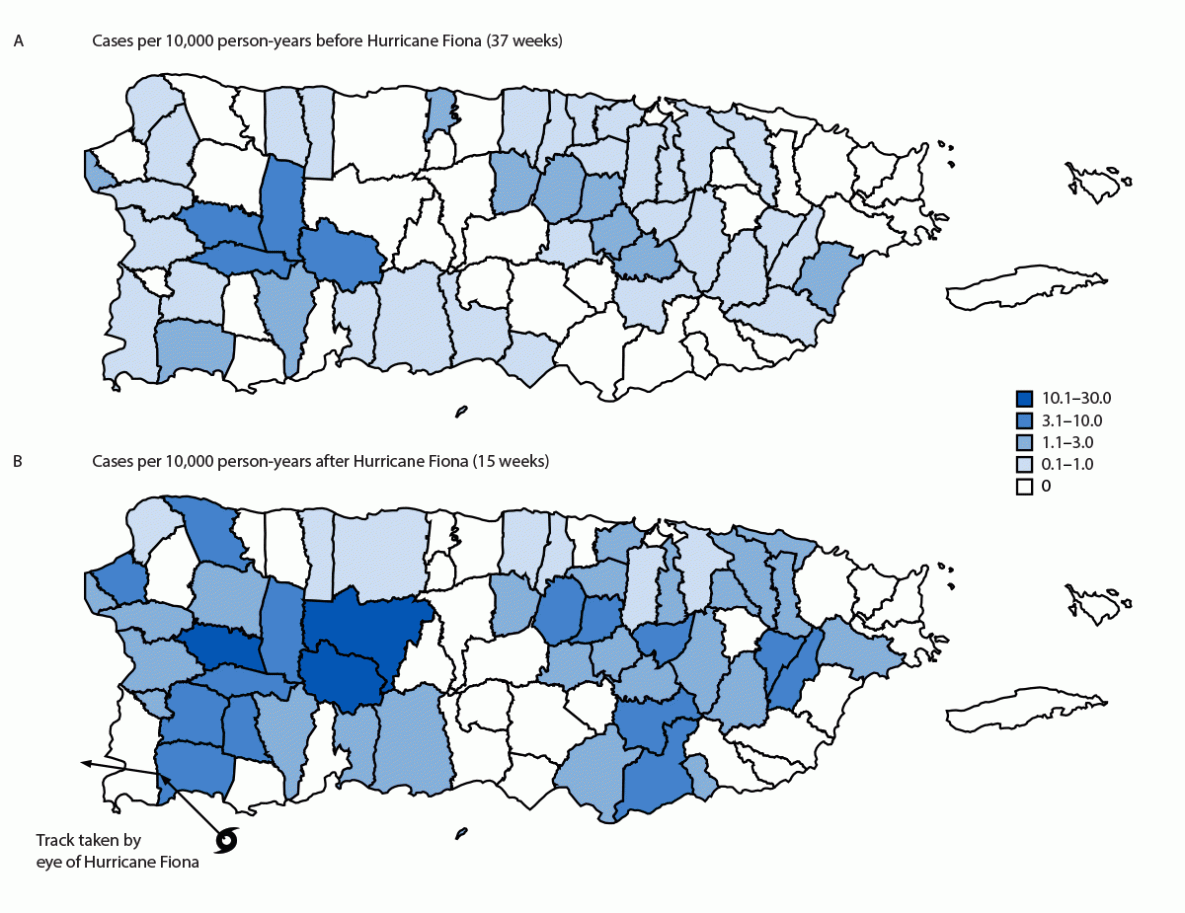 Leptospirosis Outbreak in Aftermath of Hurricane Fiona — Puerto Rico, 2022 Figure comprises two maps indicating incidence rates of probable and confirmed leptospirosis cases in Puerto Rico municipalities before and after Hurricane Fiona during 2022.