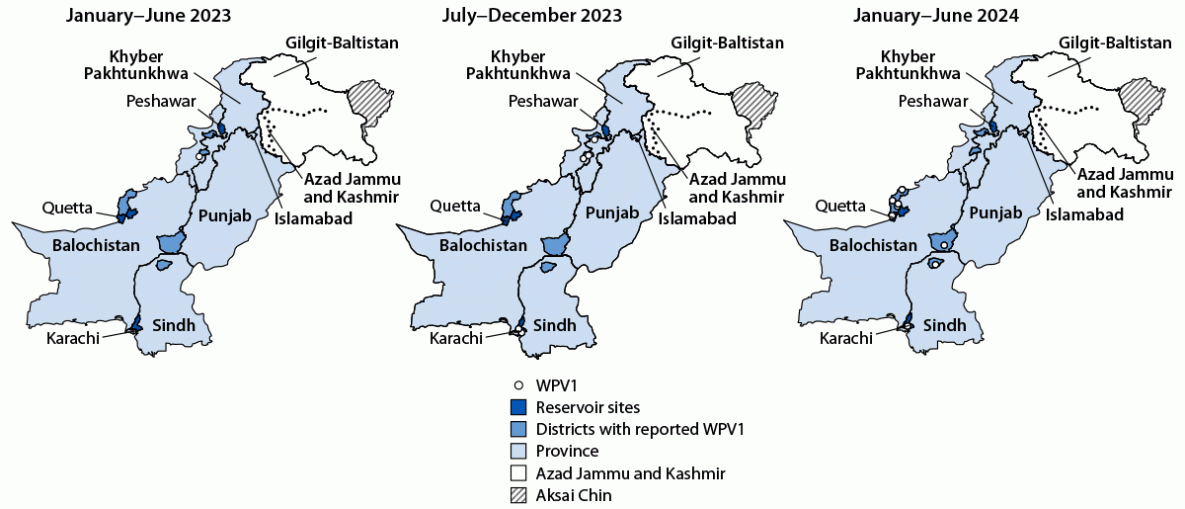 Progress Toward Poliomyelitis Eradication — Pakistan, January 2023–June 2024 Figure 2 is a series of three maps illustrating the location of wild poliovirus type 1 cases, by province and period, in Pakistan during January 2023–June 2024.